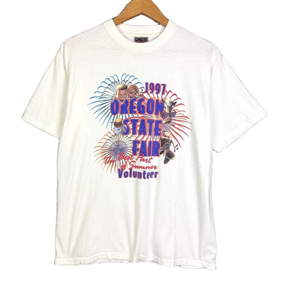 Oneita Oregon State Fair T-Shirt Mens 1997 Volunteer Large White Cotton Vintage